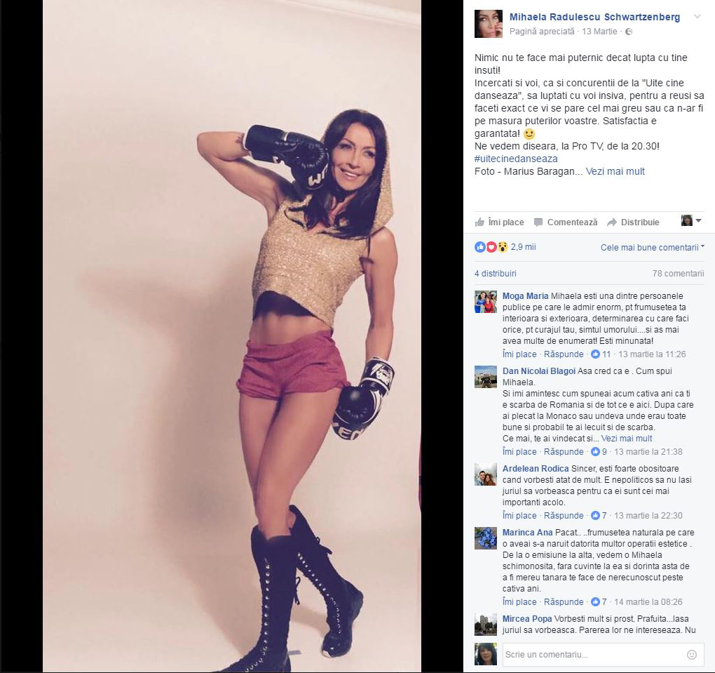 Pe 13 martie, cu 4 zile mai tarziu, Mihaela a publicat si ea o imagine in care apare cu manusi de box
