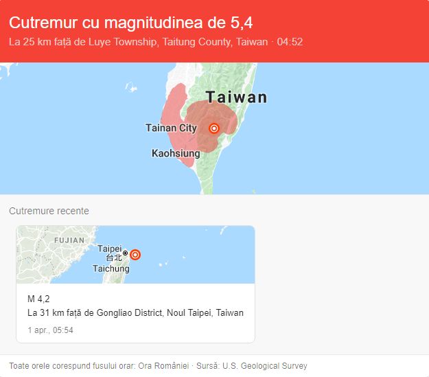 Cutremur cu magnitudinea de 5,6 grade pe scara Richter, produs în Taiwan